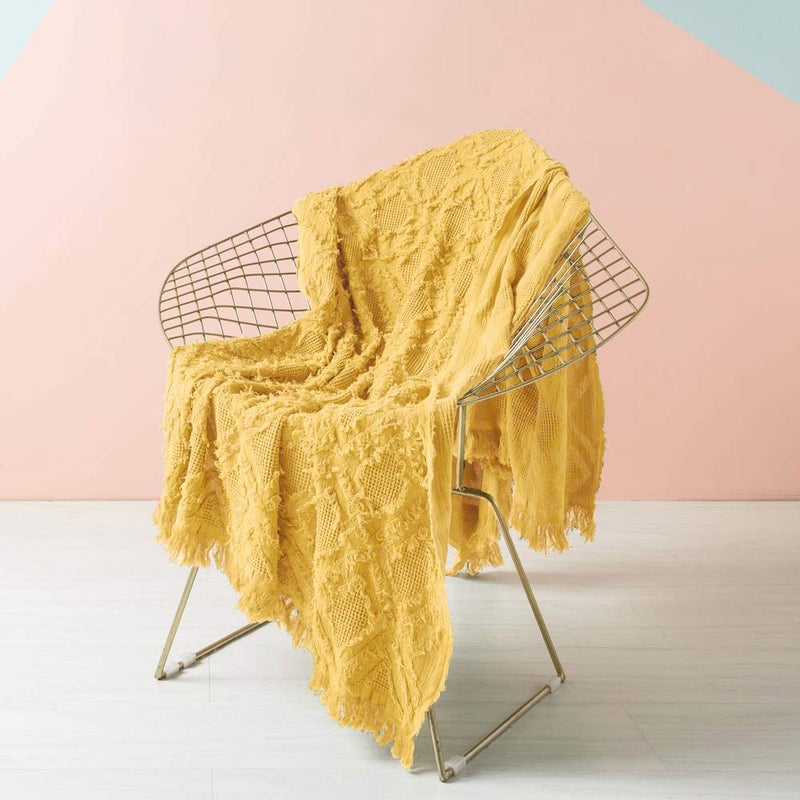Simple&Opulence 100% Cotton Throw Blanket for Bed, Couch, Boho Textured Geometric Knit Woven Blanket with Tassels Soft, Lightweight Breathable Shabby Chic Farmhouse Decoration for All-Season(Yellow) - Image 1